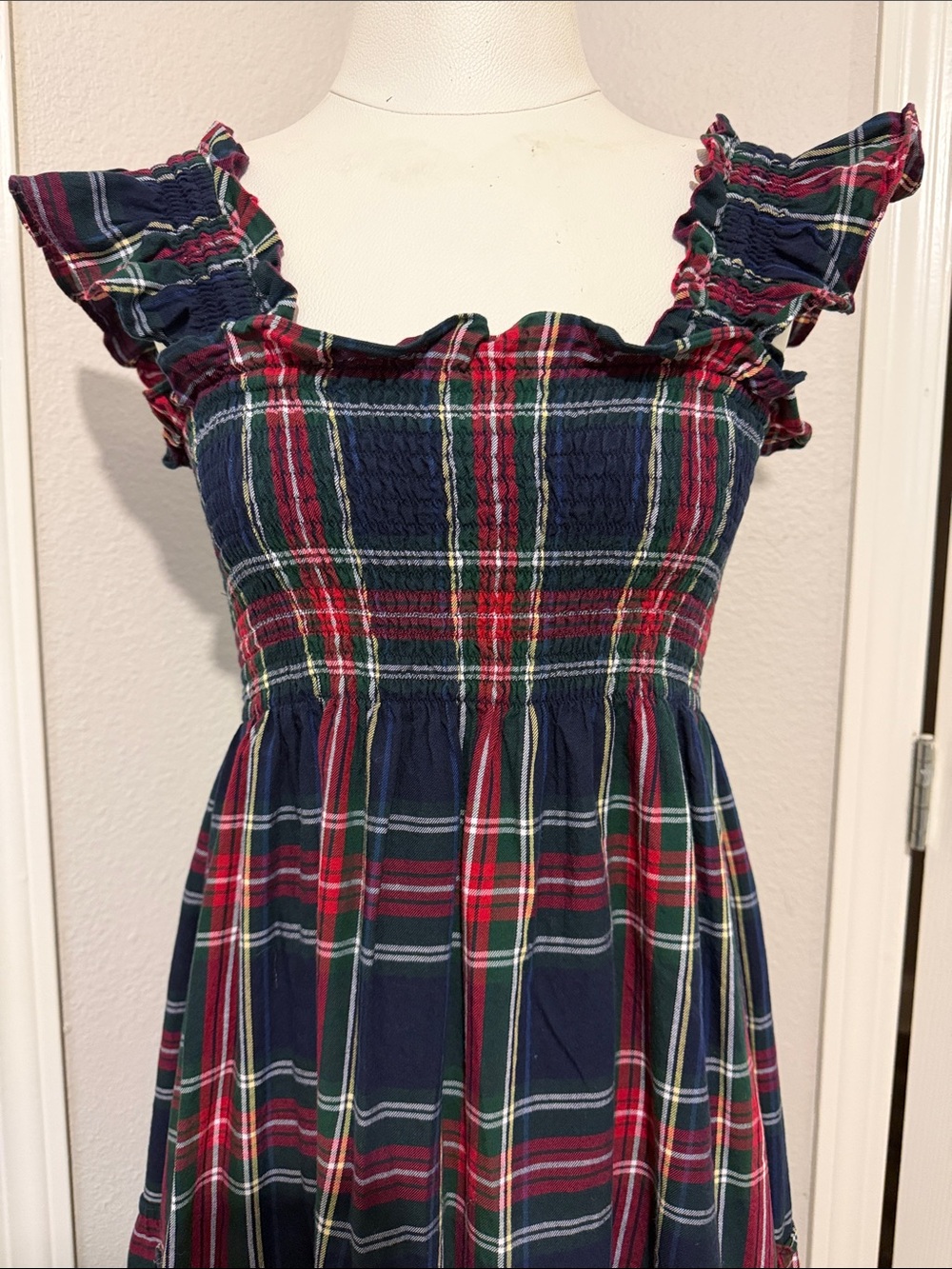 Hill House Ellie Midi Nap Dress Navy Tartan Plaid Smocked Ruffle Tiered - Picture 4 of 8